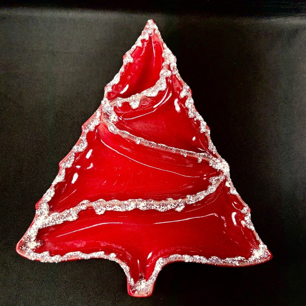 Vintage Ceramic Red Christmas Tree Divided‎ Serving Dish Tray 4 Sections Frosted